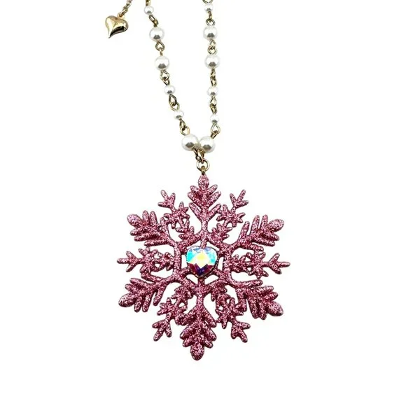 Betsey Johnson Snowflake Pendant Necklace With Pink Glitter & Heart Charm - Picture 2 of 6